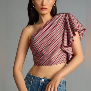 Anthropologie One Shoulder Ruffles Cropped Top Blouse Size M Striped Maroon Pink